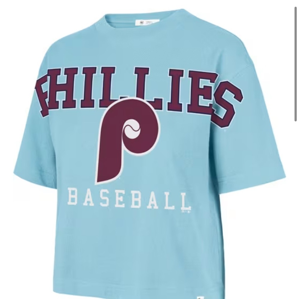 47 Phillies womens Short Sleeve crop Tee - Light Blue and Maroon